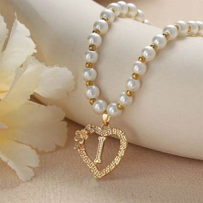 Pearl Beaded Heart Initial Necklace
