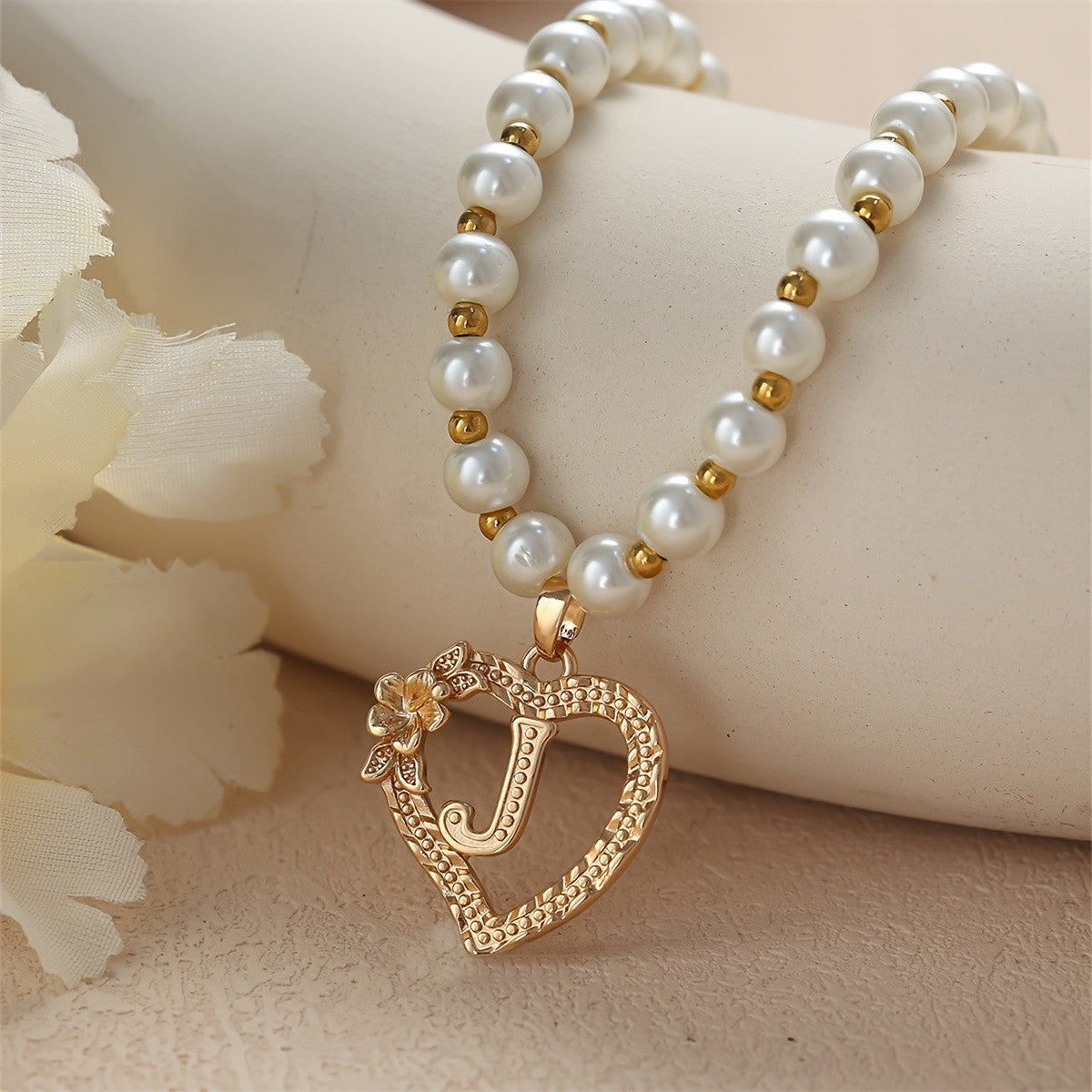 Pearl Beaded Heart Initial Necklace