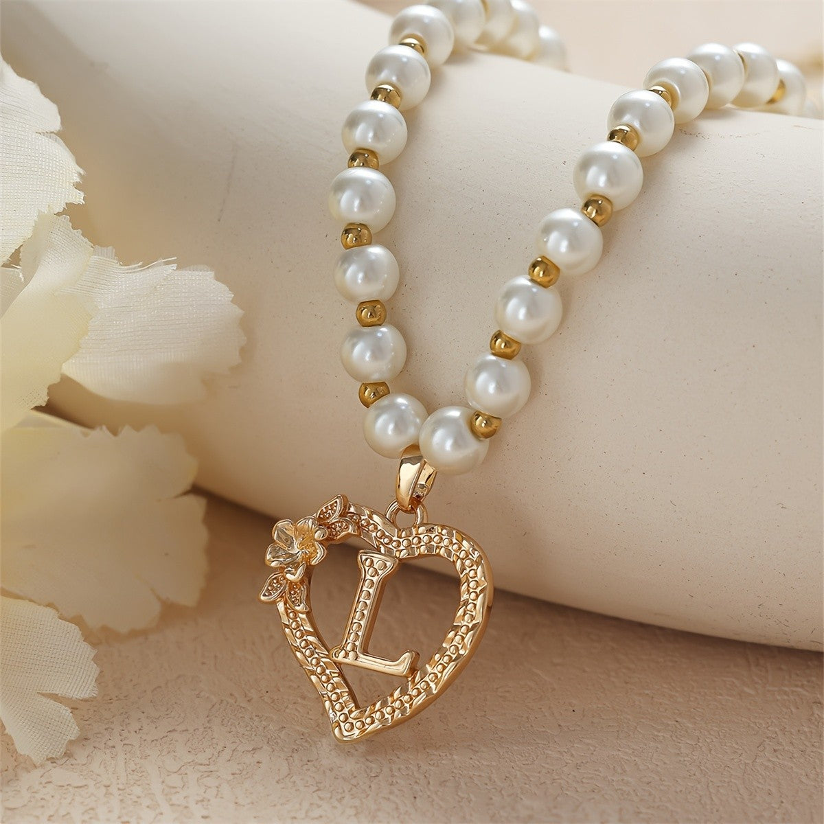 Pearl Beaded Heart Initial Necklace