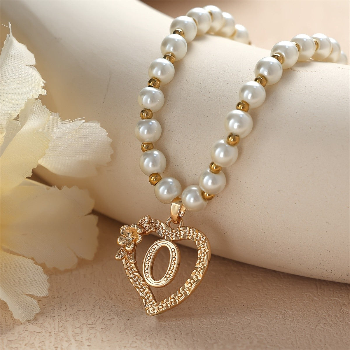 Pearl Beaded Heart Initial Necklace
