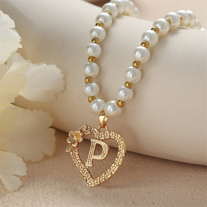 Pearl Beaded Heart Initial Necklace