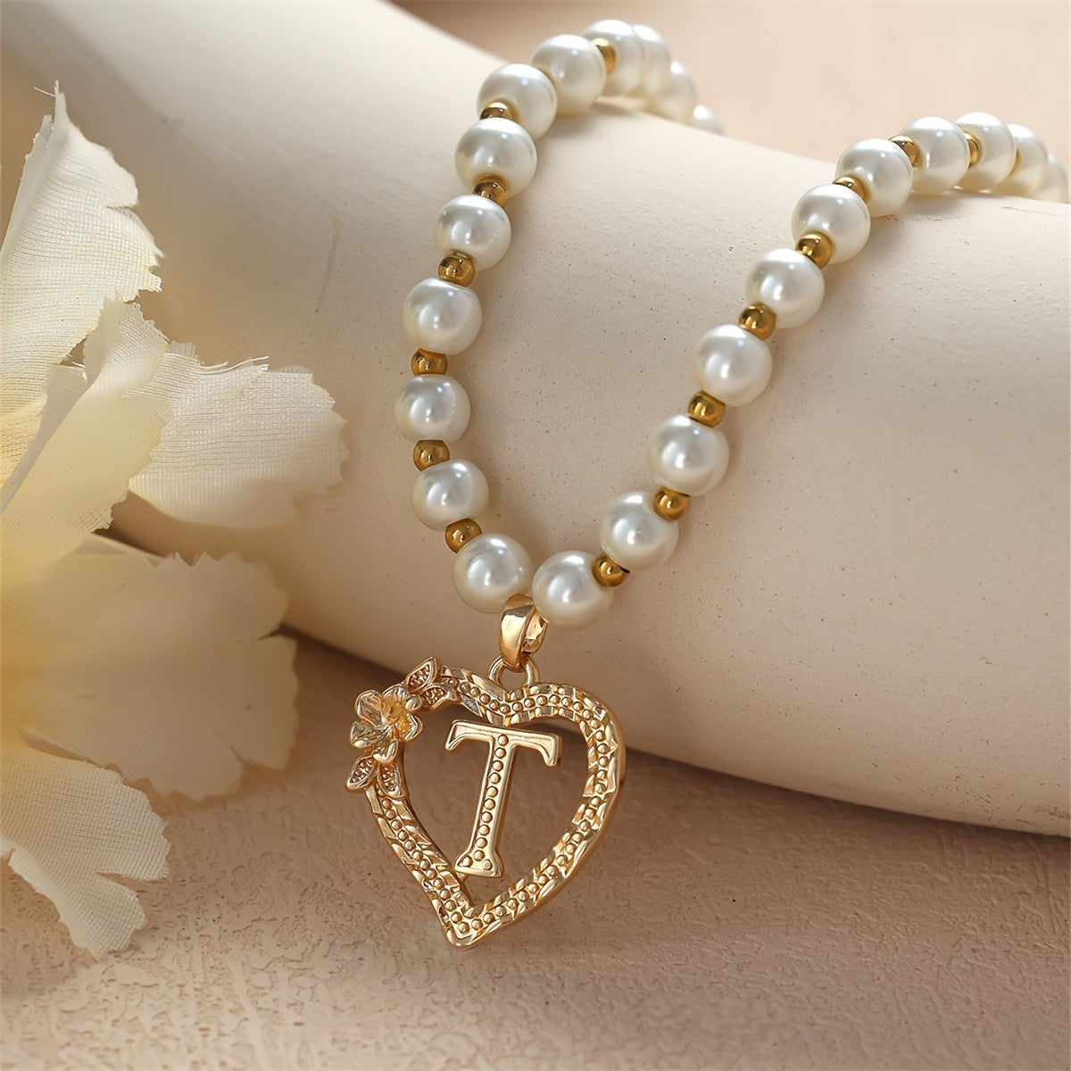 Pearl Beaded Heart Initial Necklace