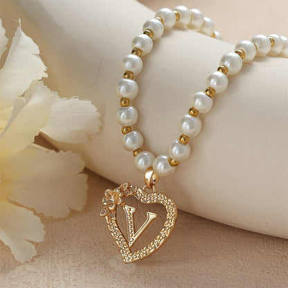 Pearl Beaded Heart Initial Necklace