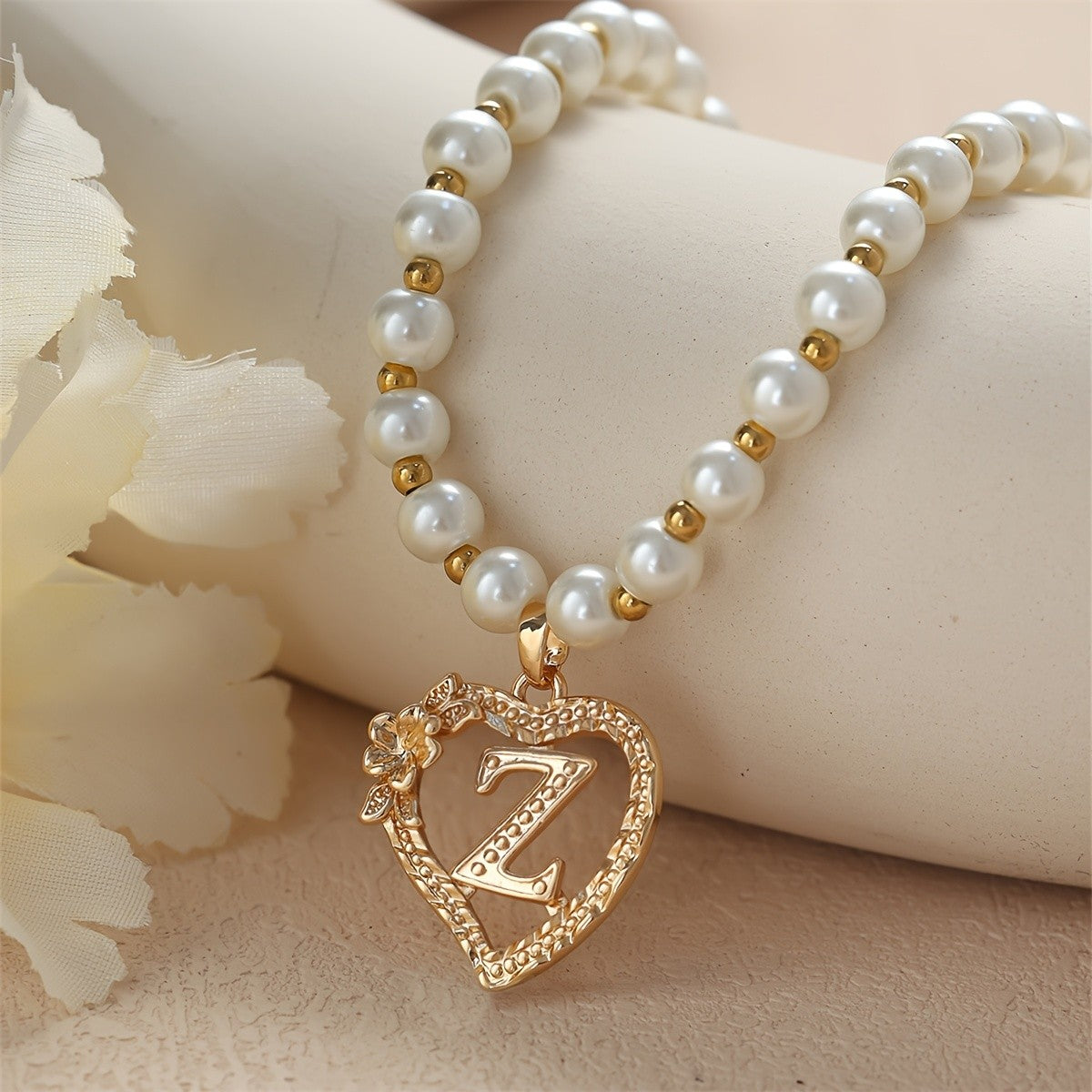 Pearl Beaded Heart Initial Necklace
