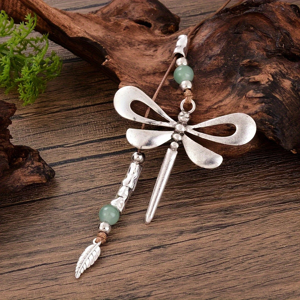 Dragonfly & Green Bead Cord Necklace