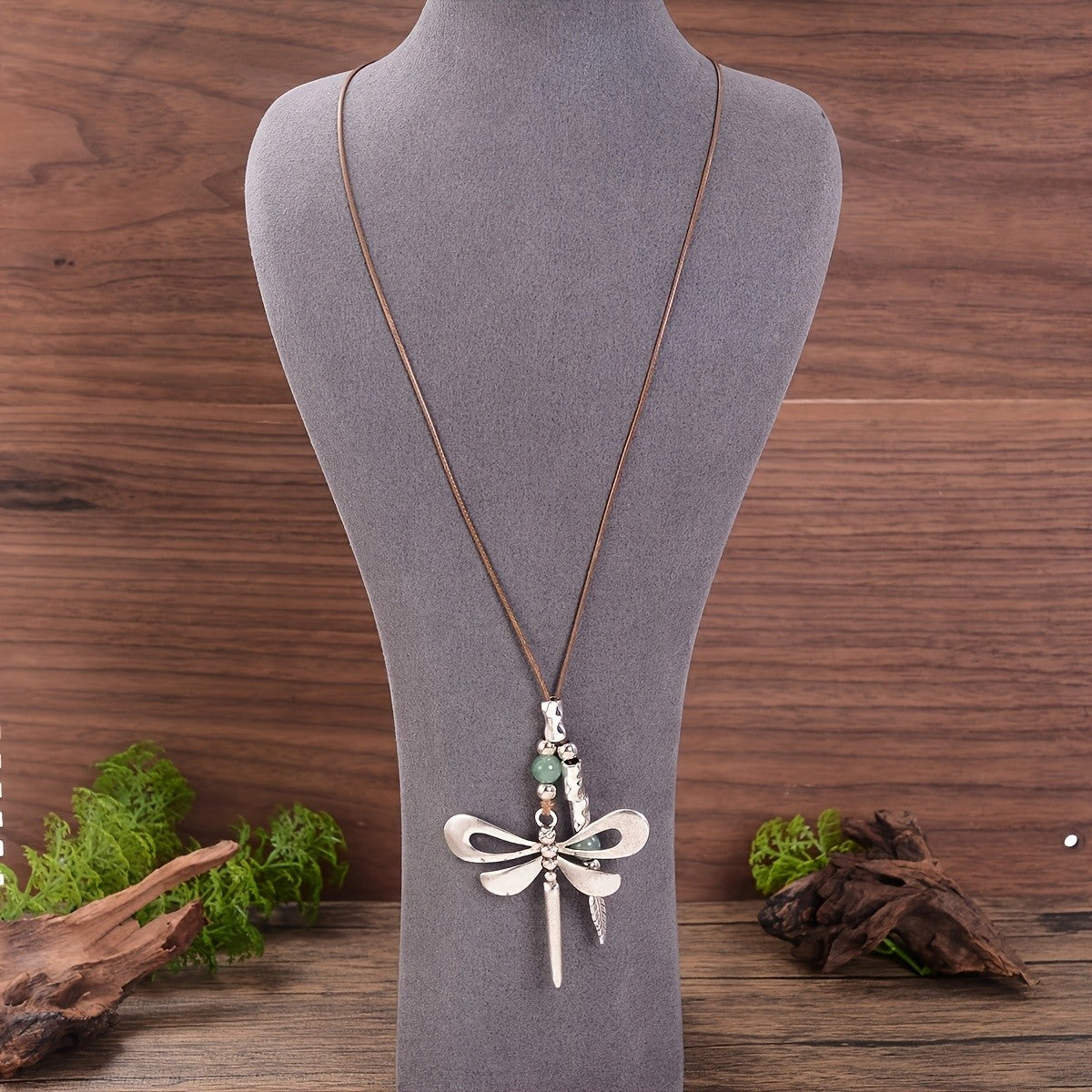 Dragonfly & Green Bead Cord Necklace