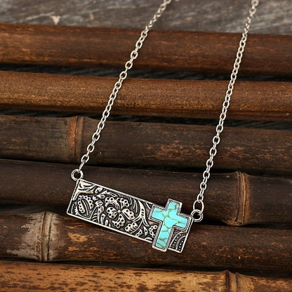 Paisley Bar & Turquoise Cross Necklace