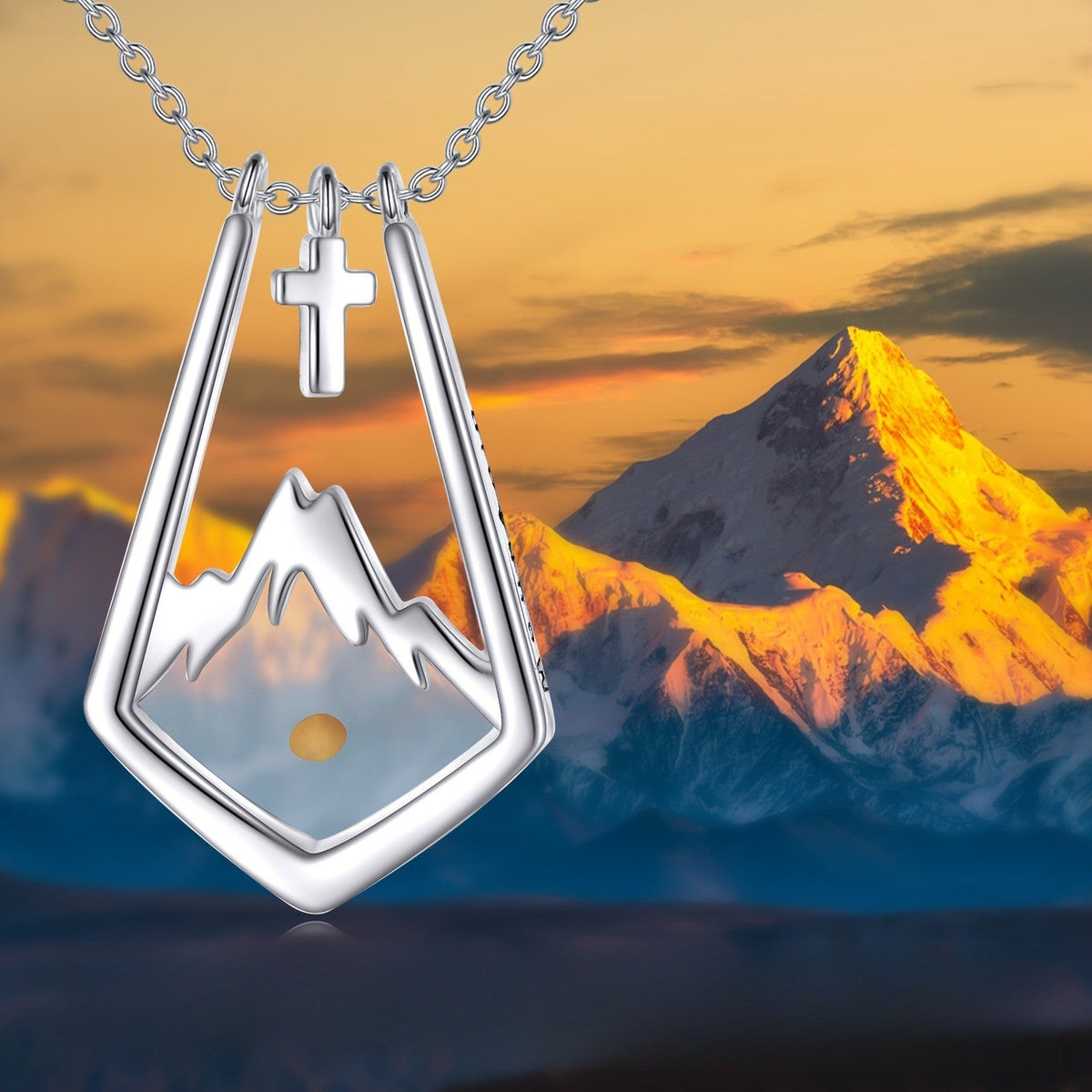 Mountain Silhouette & Cross Pendant Necklace
