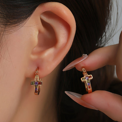 Multicolor Zircon Cross Hoop Earrings