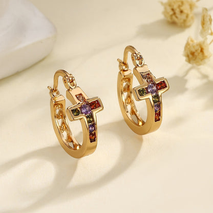 Multicolor Zircon Cross Hoop Earrings