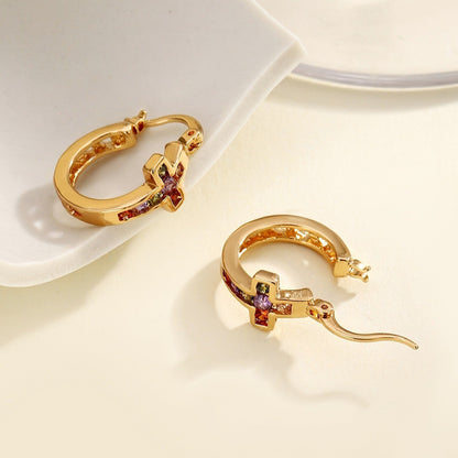Multicolor Zircon Cross Hoop Earrings