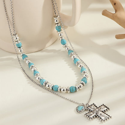 Turquoise Heart Cross Beaded Necklace