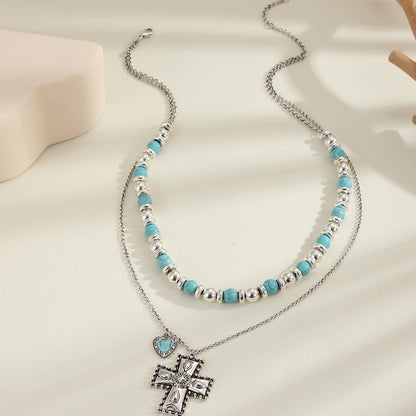 Turquoise Heart Cross Beaded Necklace