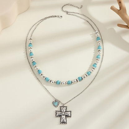 Turquoise Heart Cross Beaded Necklace