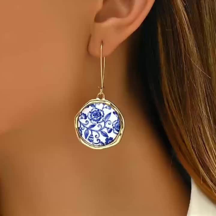 Blue Floral Porcelain Drop Earrings