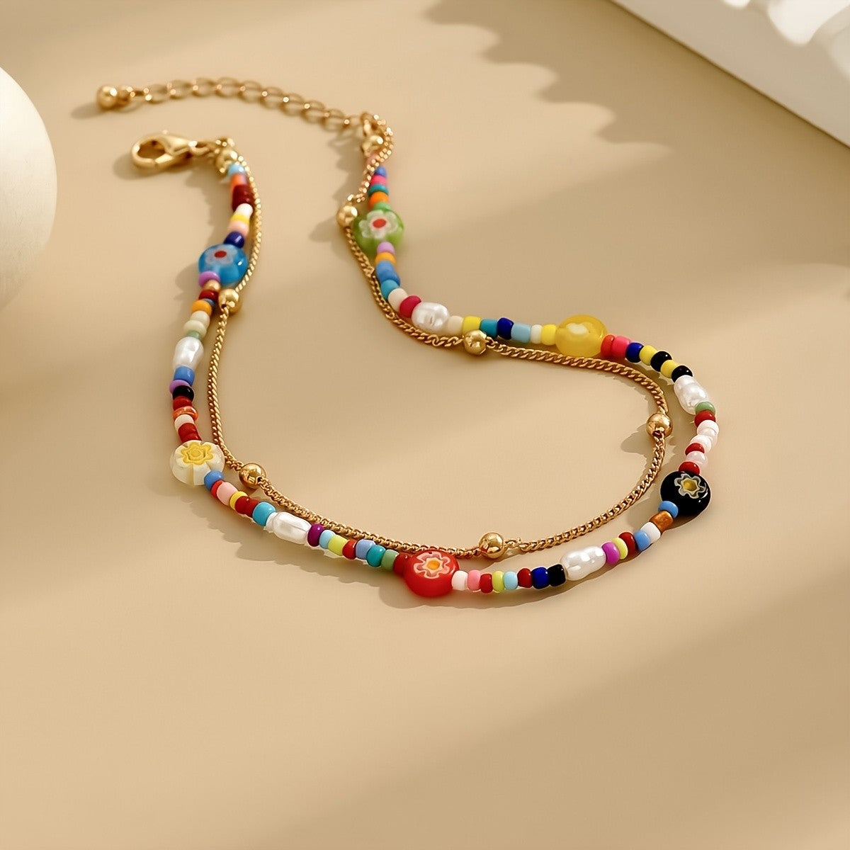 Colorful Beaded Floral Anklet Set
