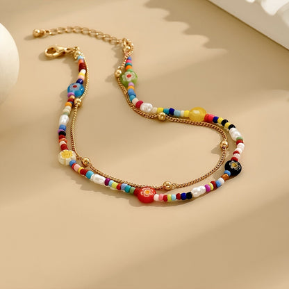 Colorful Beaded Floral Anklet Set