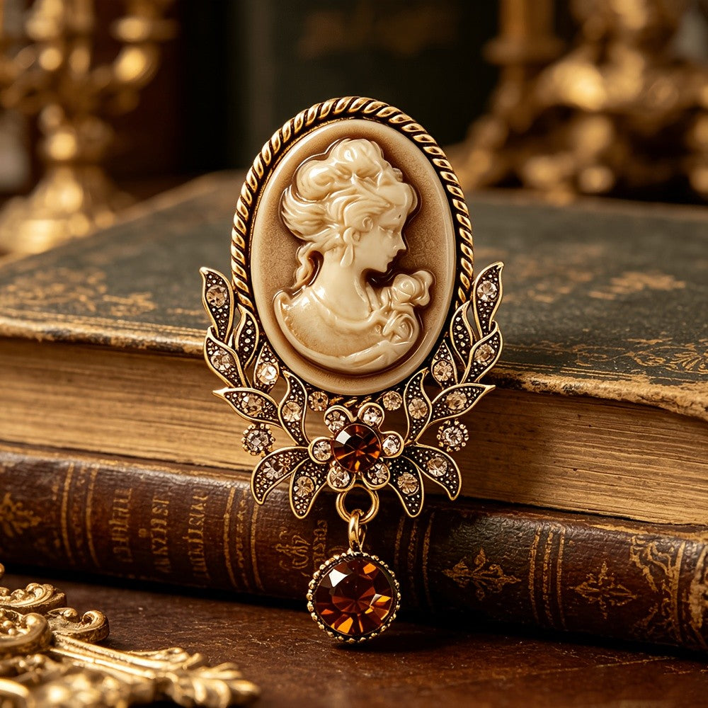 Cameo Floral Rhinestone Brooch