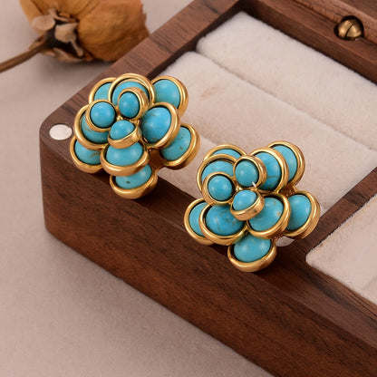 Synthetic Turquoise Floral Stud Earrings