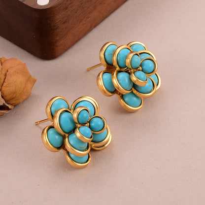 Synthetic Turquoise Floral Stud Earrings