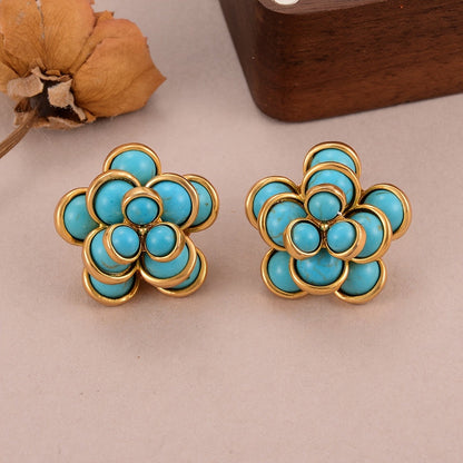 Synthetic Turquoise Floral Stud Earrings