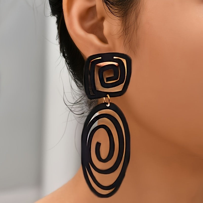 Black Geometric Spiral Drop Earrings