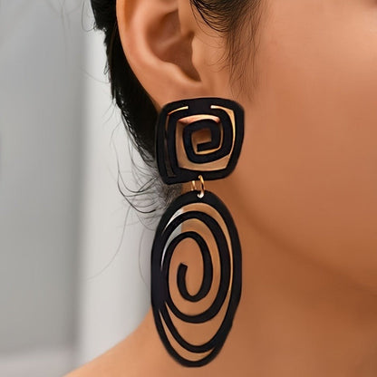 Black Geometric Spiral Drop Earrings