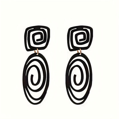 Black Geometric Spiral Drop Earrings