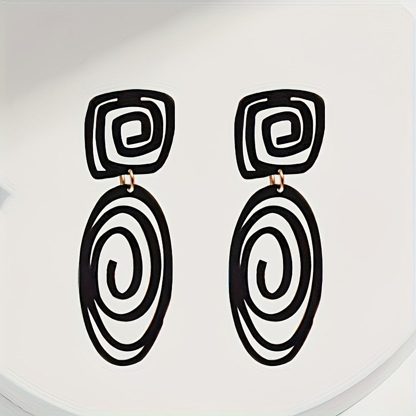 Black Geometric Spiral Drop Earrings