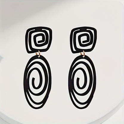 Black Geometric Spiral Drop Earrings