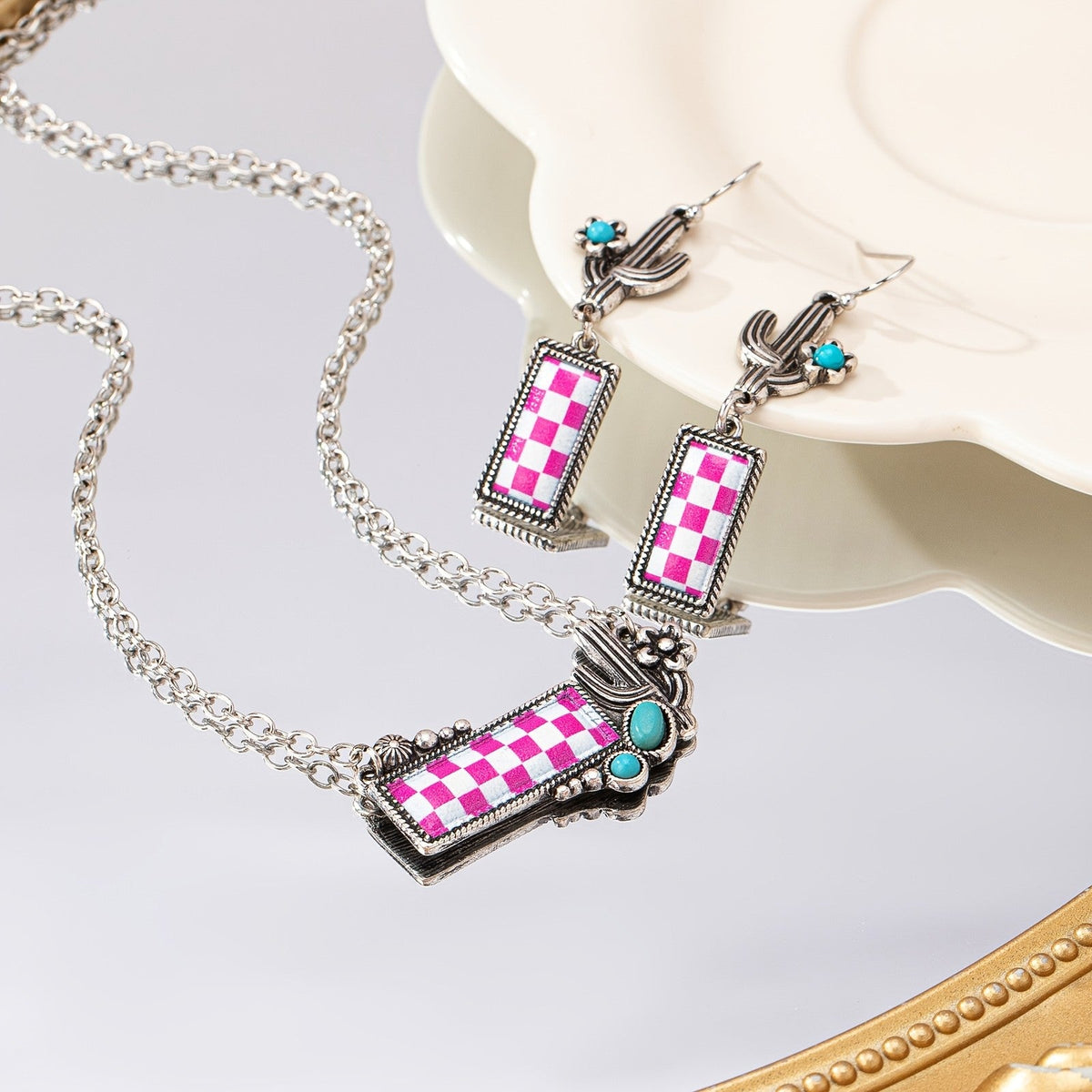 Checkerboard Cactus Necklace & Earring Set