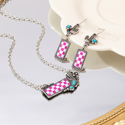 Checkerboard Cactus Necklace & Earring Set