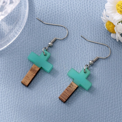 Mint Green Wood Cross Earrings