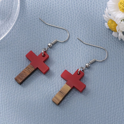 Mint Green Wood Cross Earrings
