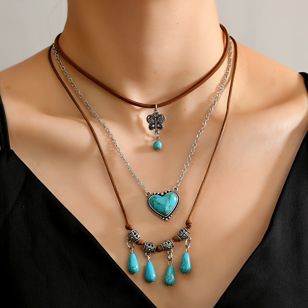 Turquoise Heart & Clover Necklace Set