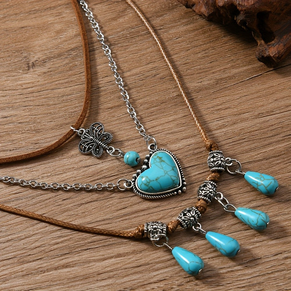 Turquoise Heart & Clover Necklace Set