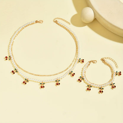 Cherry Pearl Necklace & Bracelet Set