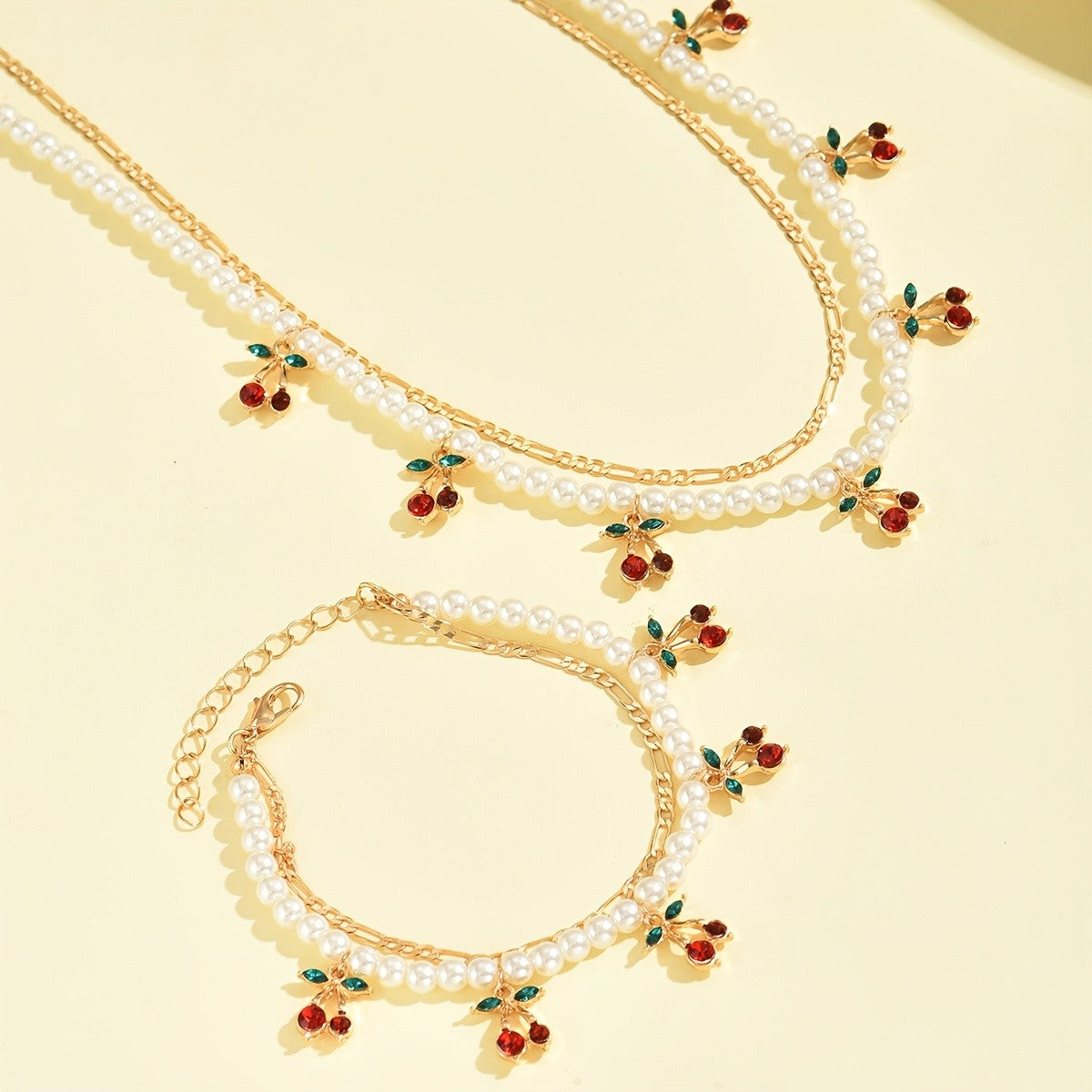 Cherry Pearl Necklace & Bracelet Set