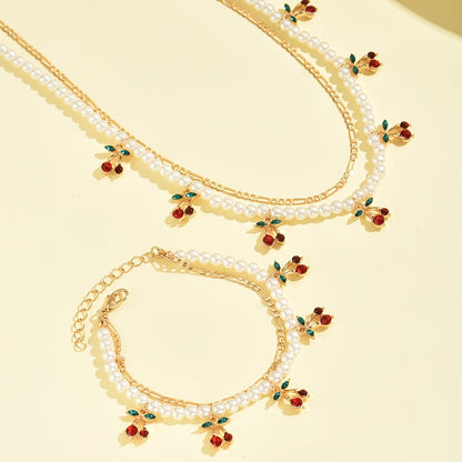 Cherry Pearl Necklace & Bracelet Set