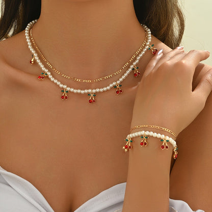 Cherry Pearl Necklace & Bracelet Set
