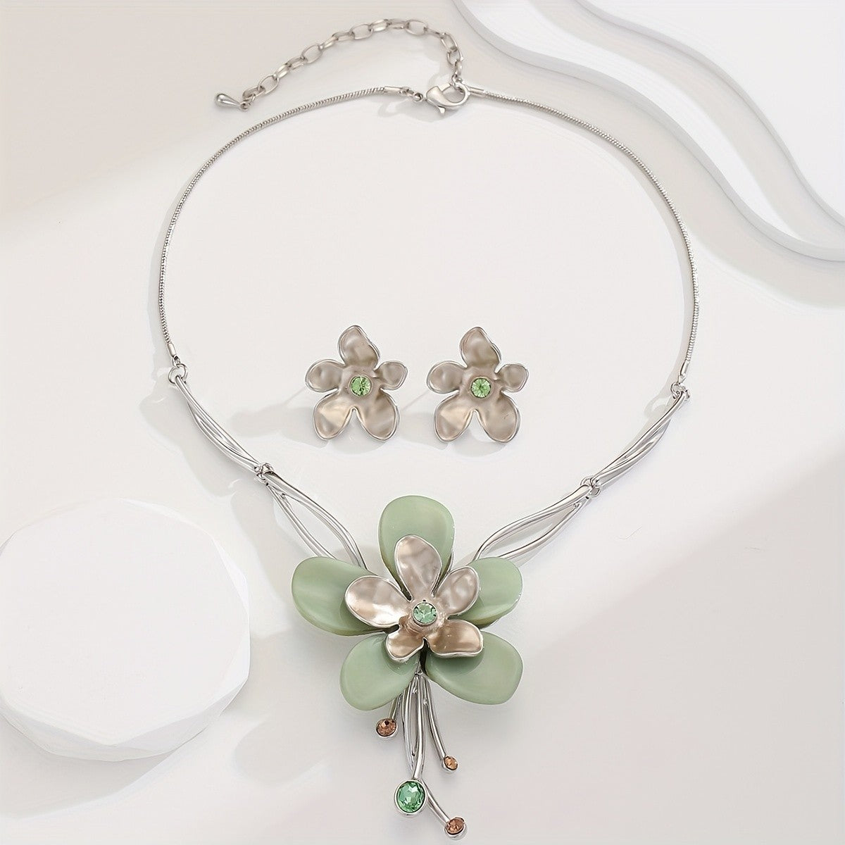 Green Resin Flower Necklace & Earring Set