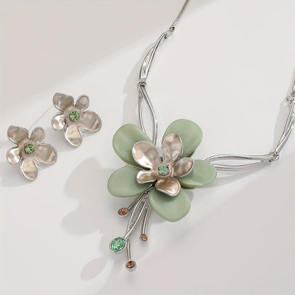 Green Resin Flower Necklace & Earring Set