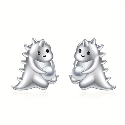 Smiling Dinosaur Pearl Stud Earrings