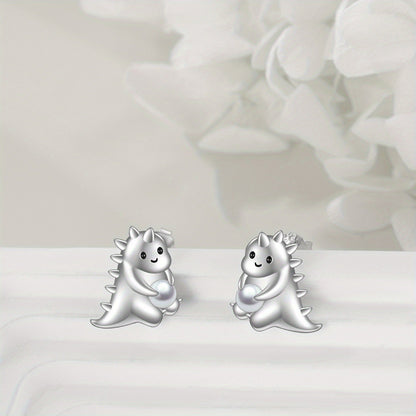 Smiling Dinosaur Pearl Stud Earrings