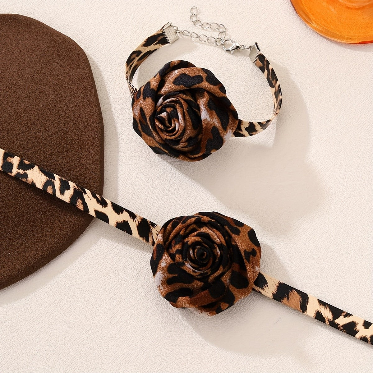 Leopard Print Flower Choker & Bracelet Set