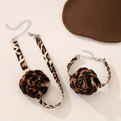 Leopard Print Flower Choker & Bracelet Set