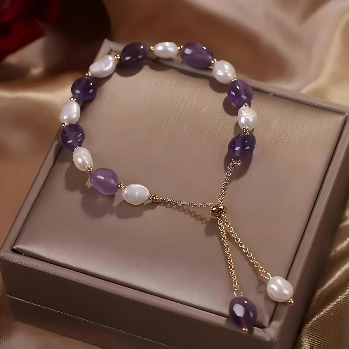 Pink Stone & Pearl Adjustable Bracelet