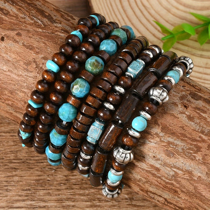 Wood & Turquoise Bead Bracelet Set