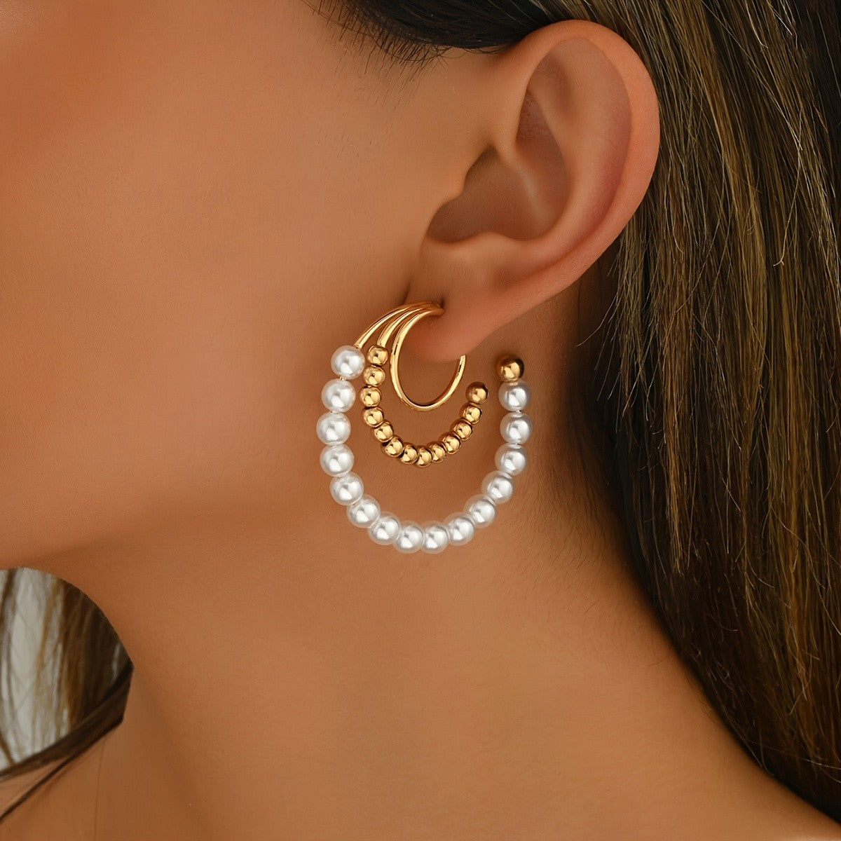 C-Shaped Pearl & Gold Bead Earrings