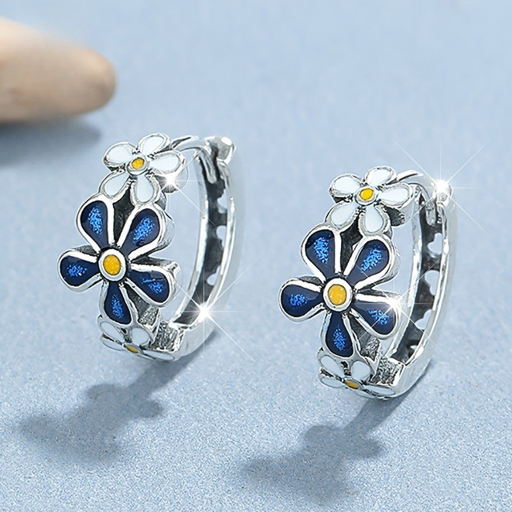 Blue Enamel Daisy Hoop Earrings